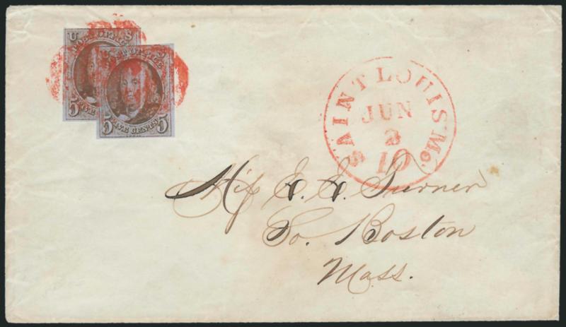5c Red Brown (1).> Two, large margins to barely in, overlapping and tied by red grids, matching Saint Louis Mo. 10 Jun. 2 integral-rate circular datestamp on cover to South Boston<><>^VERY FINE. AN
ARTFULLY-ARRANGED COVER WITH OVERLAPPING SINGLES