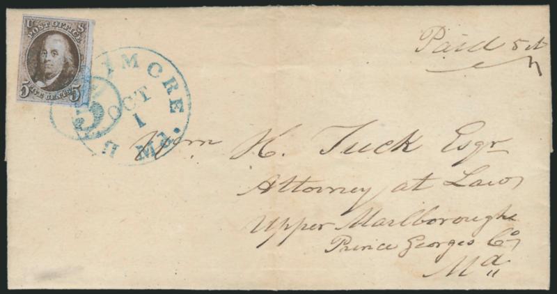 5c Red Brown (1).> Deep shade, showing <Dot in S> variety at top right, large margins to just touched, tied by <blue 5 in oval> handstamp and also by matching Baltimore Md. Oct. 1 circular datestamp on 1849
folded letter to Upper Marlborough Md