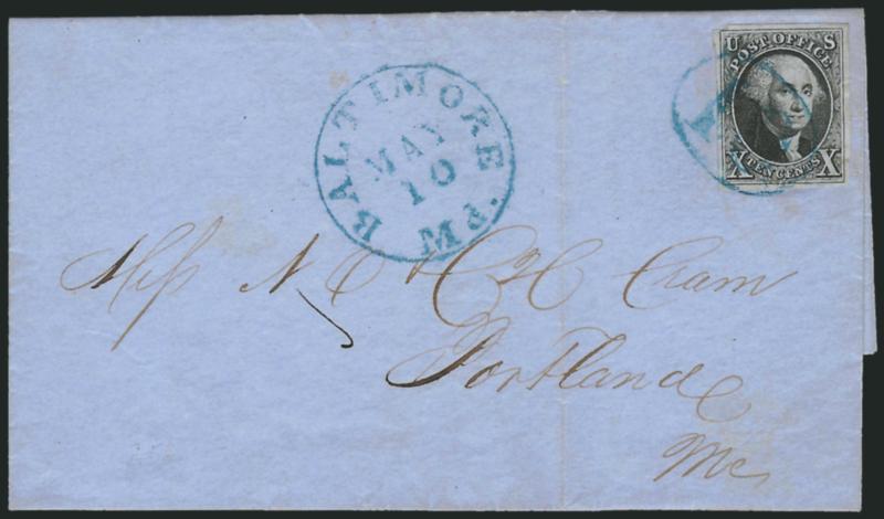 10c Black (2).> Large even margins, bright shade, tied by <blue numeral 10 in oval> handstamp, matching Baltimore Md. May 10 circular datestamp on blue 1848 folded letter to Portland Me., light vertical file fold
well clear of stamp, Very Fine, a