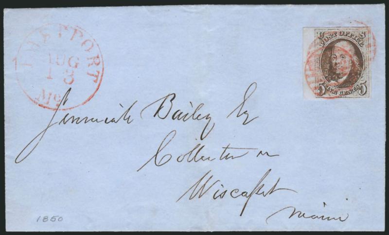 5c Red Brown (1).> Large margins incl. <sheet margin> at left, dark shade and deep rich color, tied by two strikes of red grid, matching Eastport Me. Aug. 13 circular datestamp on 1850 folded cover to Wiscasset
Me., Extremely Fine stamp and cover,