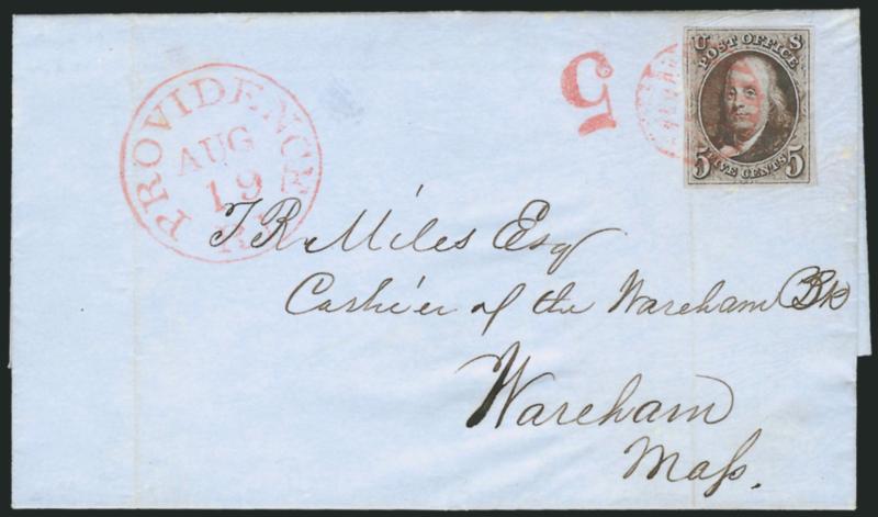 5c Dark Brown (1a).> Large margins to clear, deep rich color, tied by red grid, matching Providence R.I. Aug. 19 circular datestamp and 5 handstamp on blue 1848 folded letter to Wareham Mass., stamp lifted and
replaced (but it did originate), lig