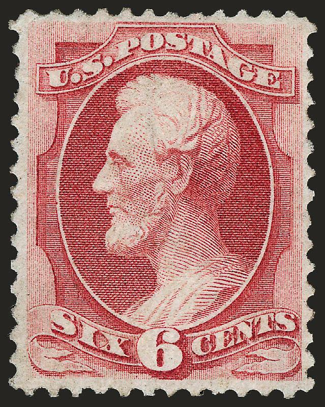 6c Carmine, Grill (137).> H. Grill, original gum, several noticeable grill points at center, rich color, tiny corner crease at top left<><>^VERY FINE APPEARING ORIGINAL-GUM EXAMPLE OF THE 1870 6-CENT NATIONAL
BANK NOTE COMPANY GRILLED ISSUE.^<><>