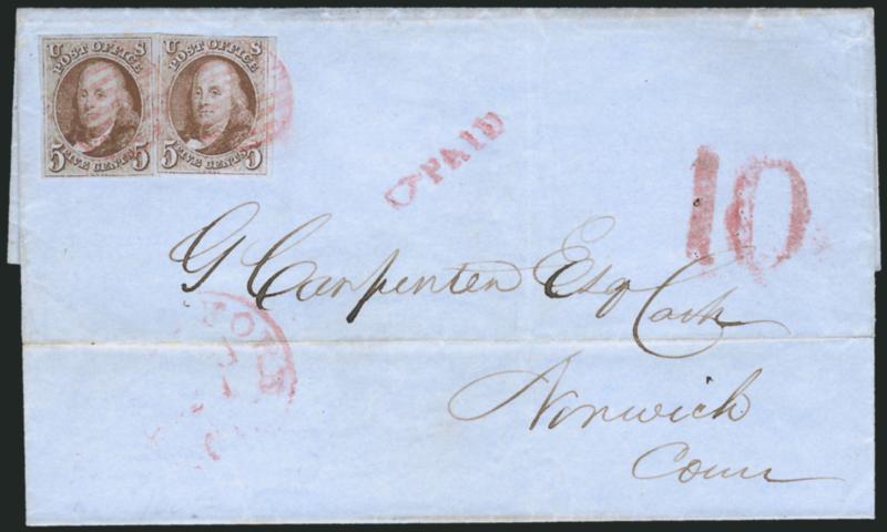 5c Red Brown (1).> Two singles, large margins to just in at top of right stamp, tied slightly overlapping by <magenta grids,> matching Hartford Ct. Aug. 21 circular datestamp, 10 and <PAID with pointing hand> on
folded cover to Norwich Conn., f