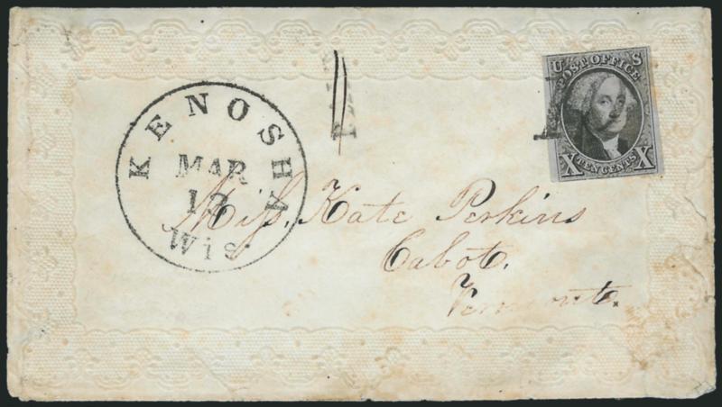 10c Black (2).> Large margins to clear, crisp impression, tied by <black numeral 10> handstamp, matching Kenosha Wis. Mar. 13 circular datestamp on ladys cover to Cabot Vt., matching Paid handstamp crossed out by
two penstrokes, stamp with age