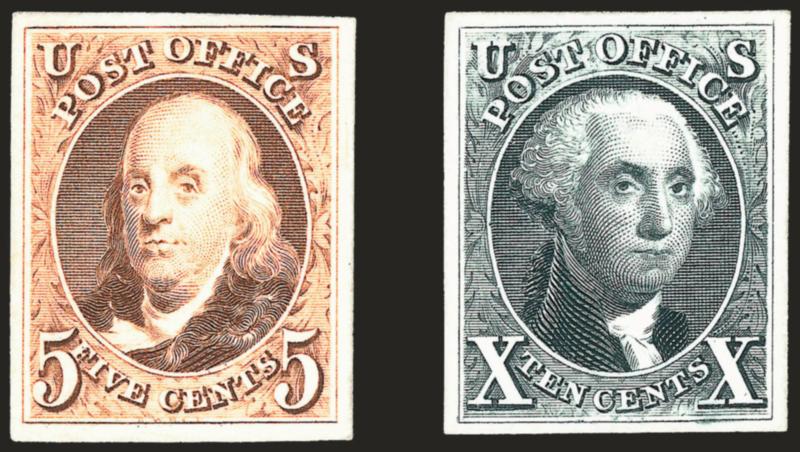 5c Red Brown, 10c Black, Reproduction, Plate Proofs on Card (3P4-4P4).> Large margins, bright colors, fresh and Very Fine set