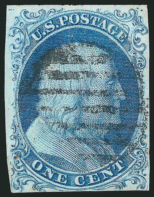 1c Blue, Ty. I (5).> Position 7R1E, full top margin showing complete design, clear to ample at sides and bottom just barely into plumes, bright early shade and impression, lightly cancelled by black grid, faint
vertical crease at left<><>VERY FINE
