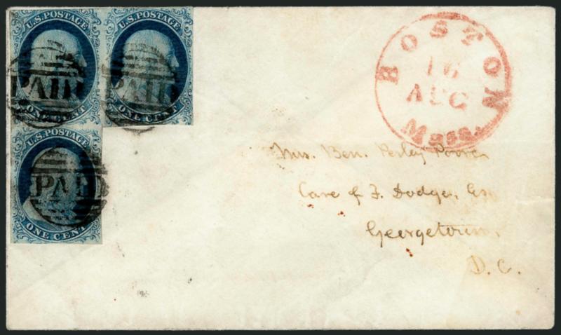 1c Blue, Ty. I (5).> L-shaped strip of three with Positions 6-7R joined with 16R1E below, the Type I (7R) has ample margins to just barely in at bottom right plume, Type Ib (6R) is slightly in at top, Type II
(16R) has full margins, beautiful intense