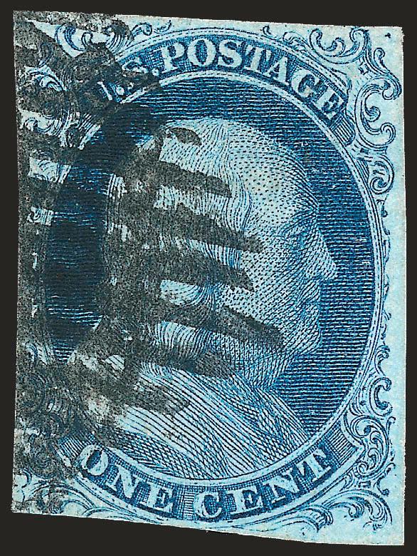 1c Blue, Ty. Ib (5A).> Position 3R1E, ample margins to slightly in at bottom, bright early shade, square grid cancel and part circular datestamp, Fine, an appealing example of the scarce 1c Type Ib, with 2000
P.S.E. certificate