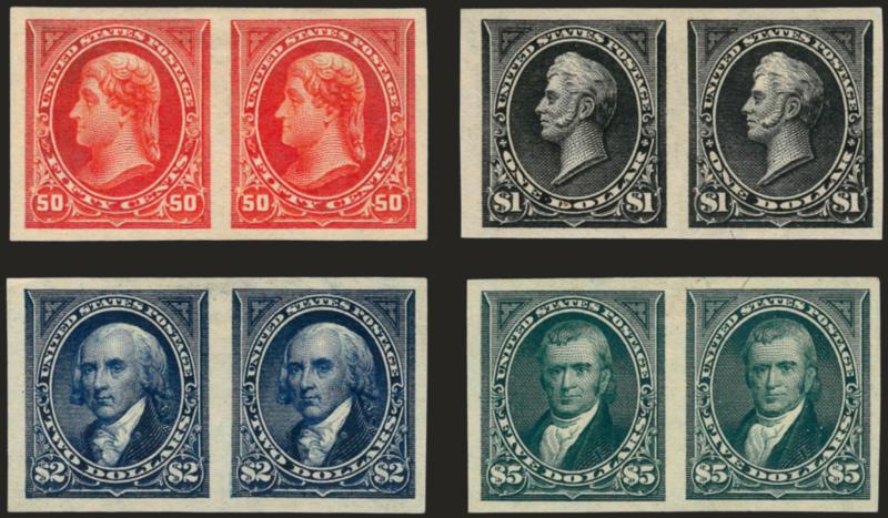 1c-$5.00 1895 Bureau Issue, Imperforate (264a-278a). Complete set of thirteen pairs,> original gum, large margins incl. <six with sheet margin,> rich colors<><>^VERY FINE-EXTREMELY FINE. A SCARCE COMPLETE SET OF
IMPERFORATE PAIRS OF THE 1895 WATERM