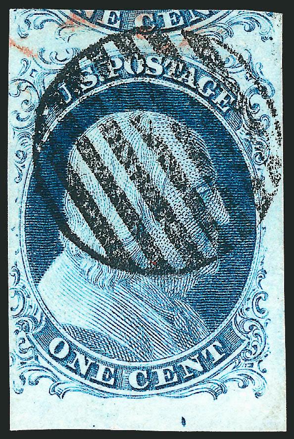 1c Blue, Ty. II (7).> Plate 1E, bottom row position with <sheet margin,> huge at top showing part of adjoining stamp, large at right and touched at left, bright shade, bold grid cancel and part of red circular
datestamp, Very Fine, with 1991 P.F. cer