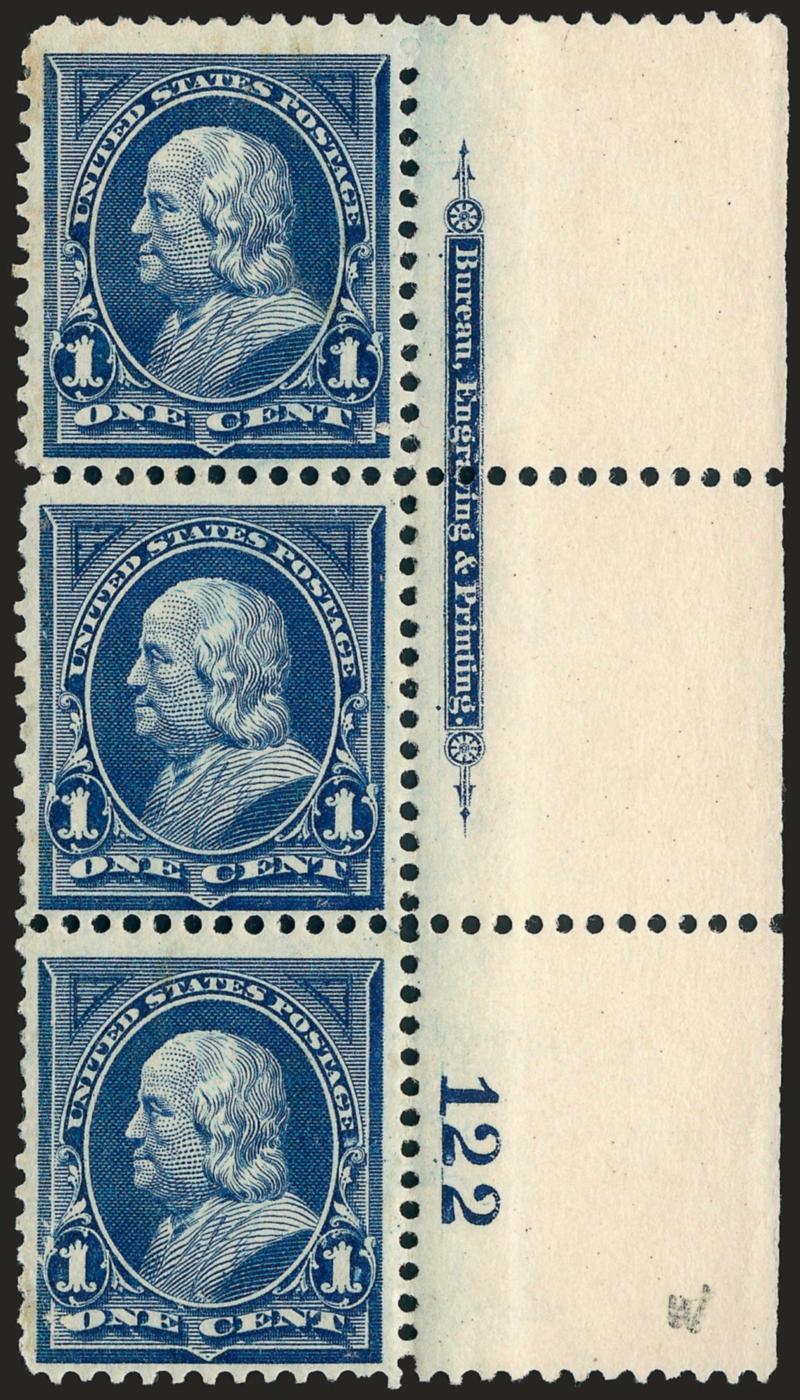 1c Blue (264).> 25 imprint and plate no. strips of three, few Mint N.H., wide range of plate nos. with no duplication, few small flaws incl. some perf separations, Fine-Very Fine