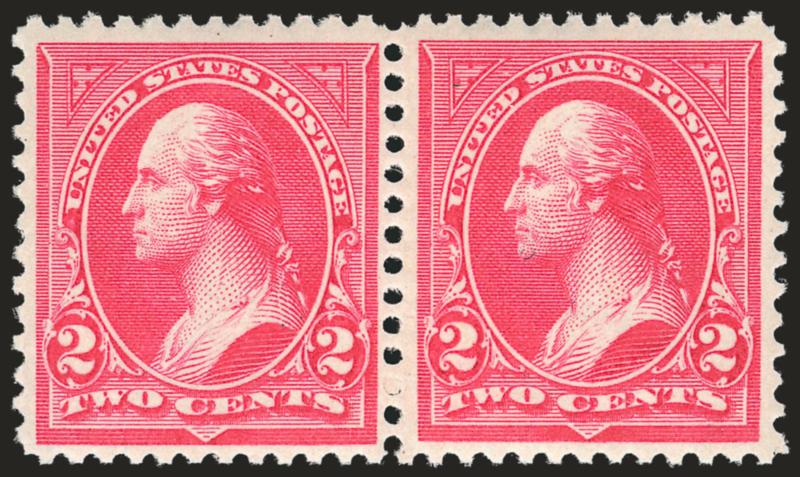 2c Carmine, Ty. II-III (266-267).> Horizontal pair, original gum, lightly hinged, radiant color, choice centering, Extremely Fine combination pair, of the six plates used to print the Type II stamp (Scott 266),
only one, plate 170, contained a combin