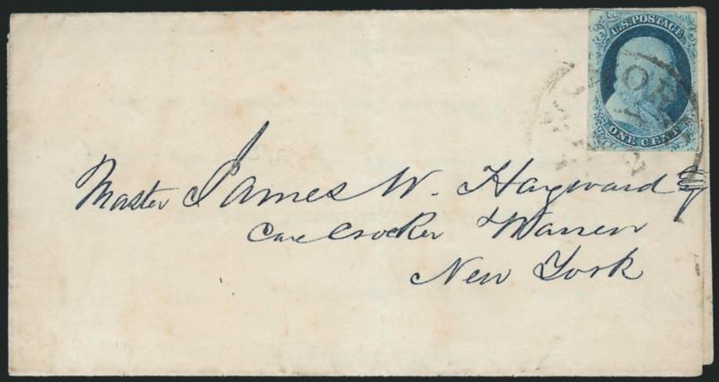 1c Blue, Ty. II, Double Transfer (7).> Position 22R1E, large margins to just barely in at upper right, bright early shade, tied by New-York May 2 circular datestamp on 1852 printed notice to local street address,
certificate notes a small corner c