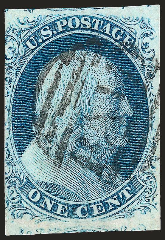 1c Blue, Ty. IIIa (8A).> Plate 1E, huge top and bottom margins showing parts of adjoining stamps, ample at right and slightly in at left, Boston small Paid grid cancel, Fine, with 1992 P.F. certificate