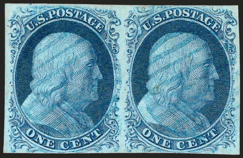 1c Blue, Ty. IIIa-II (8A-7).> Positions 11-12L1E, horizontal pair, full margins to just touched at bottom, light <blue grid> cancels, beautiful bright early shade, left stamp (Ty. IIIa) has a faint almost
undetectable vertical crease, Very Fine appea