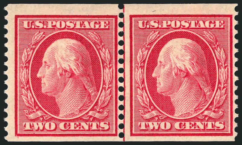 2c Carmine, Coil (388).> Guide line pair, brilliant color, crisp impression<><>^FRESH AND FINE. A SCARCE GUIDE LINE PAIR OF THE 2-CENT HORIZONTAL COIL, SCOTT 388.^<><>This 2c coil was in production for only a
short period of time before being sup