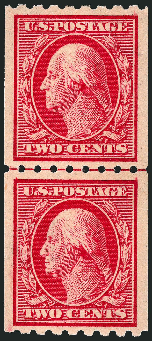 2c Carmine, Coil (391).> Guide line pair, lightly hinged, brilliant color as fresh as the day it was printed, gorgeous centering, Extremely Fine, a beautiful guide line pair, with 1989 P.F. certificate