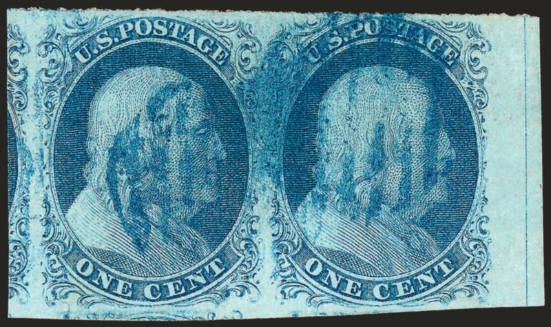 1c Blue, Ty. IIIa (8A).> Positions 39-40L1E, horizontal pair with <right sheet margin and center line,> mostly huge margins showing portions of adjoining stamps, ample at top right, gorgeous bright Plate 1E
shade, <blue grid> cancels<><>^VERY FINE-