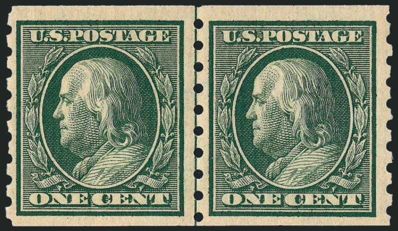 1c Green, Coil (392).> Mint N.H. guide line pair, bright shade, Very Fine and choice, with 1996 P.F. certificate