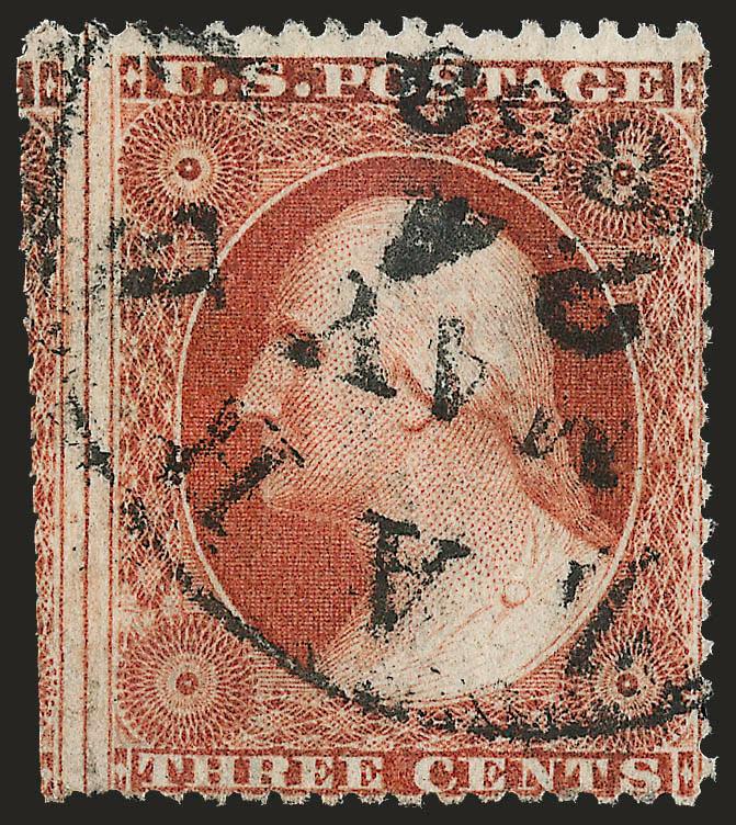 3c Dull Red, Ty. III (26).> Position 1R23, rich color, <straddle-pane margin> at left, neat strike of <May 24, 1859> circular datestamp, small stain at top left, otherwise Fine, <the earliest recorded usage from
Plate 23>