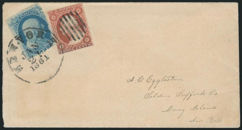 1c Blue, Ty. II (20).> Position 8L12, bright shade, used with 3c Dull Red, Ty. III (26), tied by <New-York Jan. 21, 1861> circular datestamp and grid on cover to Selden N.Y., 3c pulled perf at bottom, Very Fine,
this is the <earliest documented use