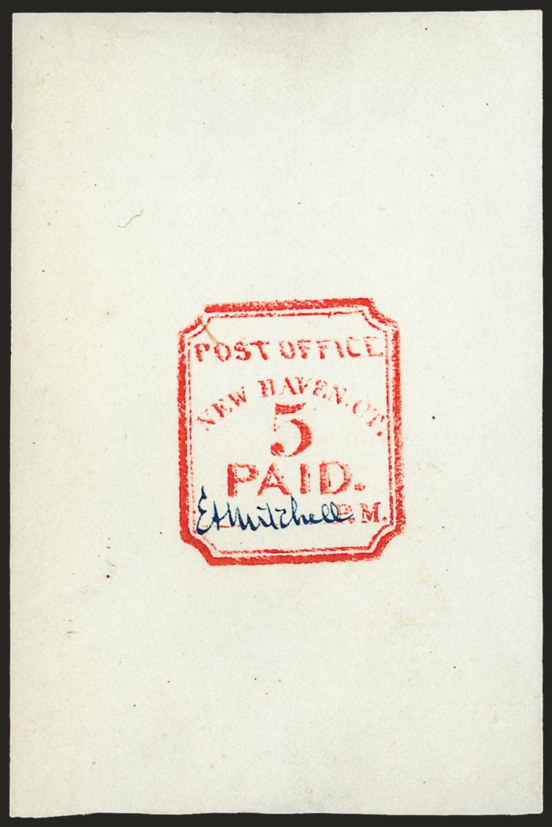 New Haven Conn., 5c Vermilion, Reprint (8XU1R).> 62 x 94mm, Dark Blue signature, bright color, Very Fine, scarce with such wide margins