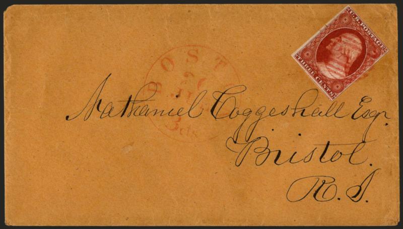 3c Reddish Orange Brown, Ty. II (10A).> Position 87R5E, incredibly intense color and impression, large margins on two sides, slightly in at top and right, tied by <red small Paid grid> with matching Boston 3 cts
20 Jul. integral-rate circular dat