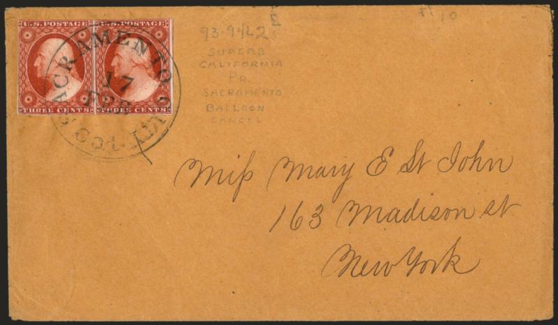 3c Orange Brown, Ty. II (10A).> Positions 93-94L2E, horizontal pair, large margins to barely touched, rich color, tied by well-struck Sacramento Cal. 17 Feb. balloon-type circular datestamp on buff cover to New
York, fresh and Very Fine