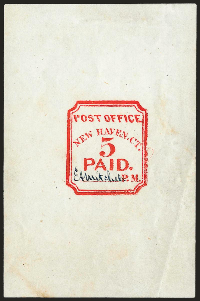 New Haven Conn., 5c Vermilion, Reprint (8XU1R).> 63 x 96mm, Dark Blue signature, bright color, faint wrinkling and diagonal crease at right well away from design, otherwise Very Fine