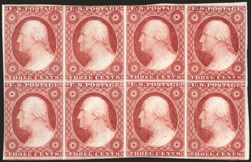 3c Dull Red, Ty. II (11A).> Block of eight, unused (no gum), large margins to slightly in, beautiful rich color and bright paper, several vertical creases, otherwise Fine-Very Fine, with 1965 P.F. certificate,
Scott Retail as two blocks with original