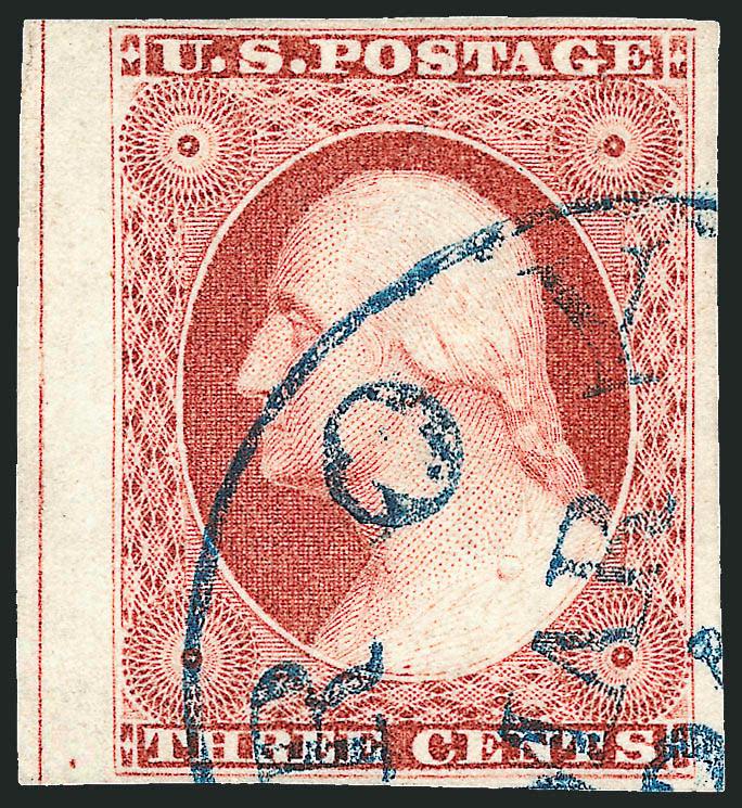 3c Claret, Ty. II (11A var).> Position 61R2L, huge margins incl. <straddle-margin at left,> brilliant color on bright paper, nicely complemented by <blue> circular datestamp, Extremely Fine Gem, a superb stamp
in every respect