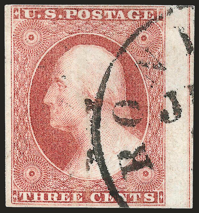 3c Claret, Ty. II (11A var).> Position 40L2L, huge margins to full incl. <straddle-margin at right,> radiant color, well-struck circular datestamp, Extremely Fine example of this desirable shade and
position