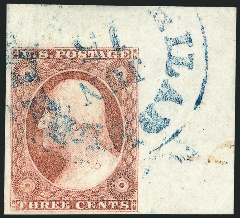 3c Dull Red, Ty. II (11A).> Position 10R2l showing <recut button> variety, huge margins incl. <enormous top right corner sheet margins,> radiant color nicely complemented by <blue> Philadelphia Pa. Jun. 15
circular datestamp, faint vertical crease