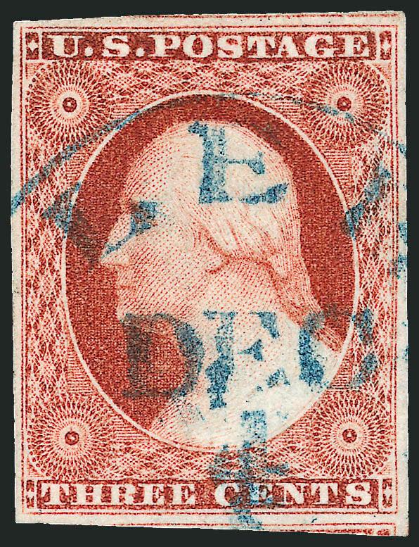 3c Experimental Orange Brown, Ty. II (11A var).> Position 46L1L, large to huge margins incl. part of adjoining stamps at top and bottom, brilliant color nicely complemented by <blue> Dec. 4 circular datestamp,
Extremely Fine, a gorgeous example of th