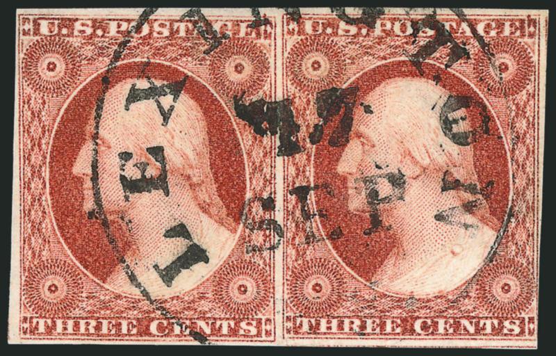 3c Experimental Orange Brown, Ty. II (11A var).> Positions 4-5R1L, horizontal pair, large margins to ust touched incl. part of three adjoining stamps, bold strike of Lexington 17 Sep. circular datestamp, fresh
and Fine-Very Fine, attractive multipl