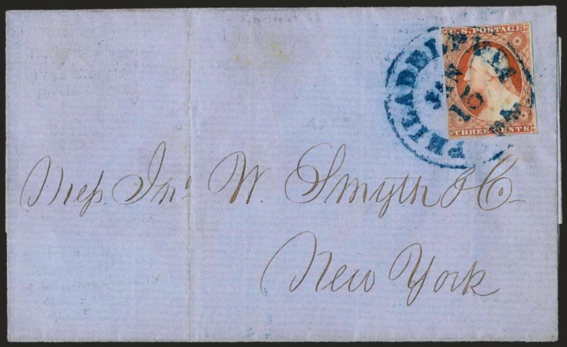 3c Experimental Orange Brown, Ty. II (11A var).> Position 49R3, large margins to full, radiant color, tied by <blue> Philadelphia Pa. Jan. 15 circular datestamp on blue folded cover to New York, 1852 docketing
on back, fresh and Very Fine, ex Simps
