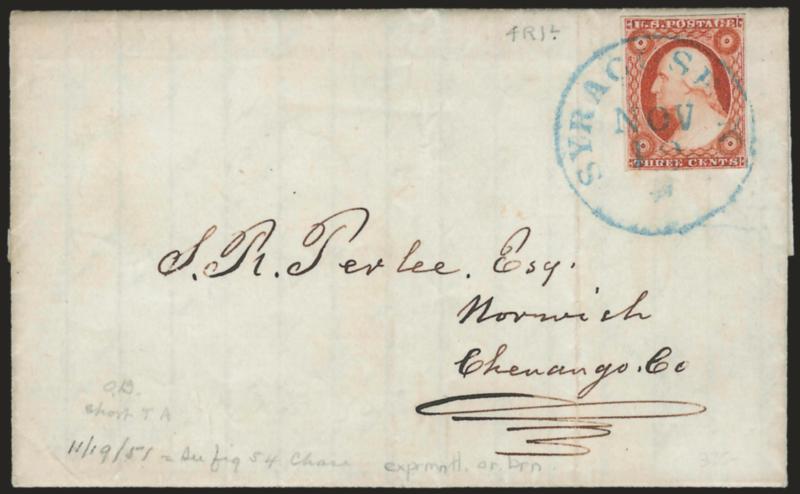 3c Experimental Orange Brown, Ty. II (11A var).> Position 4R1L showing <short TA> at top, large margins to clear, gorgeous color beautifully complemented by <blue> Syracuse Nov. 19 circular datestamp on 1851
folded letter to Norwich N.Y., vertica
