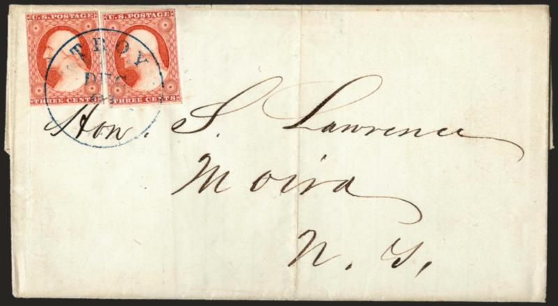 3c Experimental Orange Brown, Ty. II (11A var).> Positions 82R1L and 99R1L, ample margins to just barely in, bright shade, tied by blue Troy N.Y. Dec. 21 circular datestamp on 1851 folded letter to Moira N.Y.,
file fold clear of stamps, Very Fine,