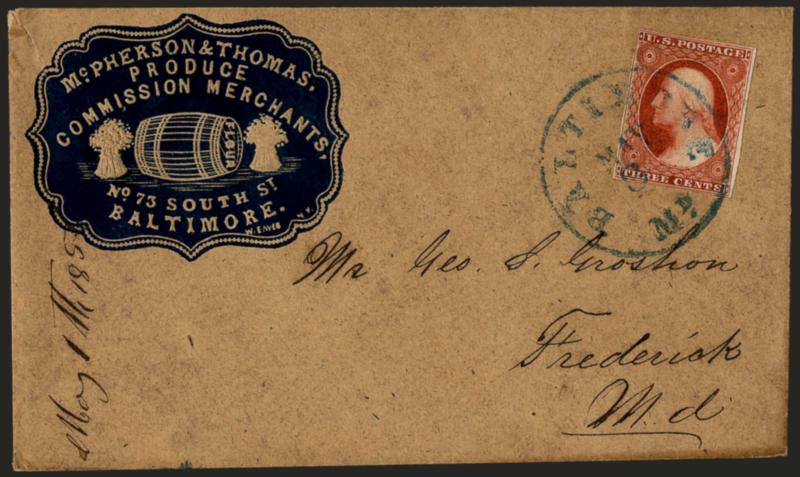 3c 1856 Orange Brown (11 var).> Position 65R8, ample margins to just touching, vivid color, tied by blue Baltimore Md. May 3 circular datestamp on brown cover with <commission merchants illustrated blue cameo
corner card,> to Frederick Md., docket