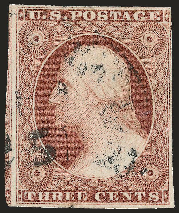 3c Plum, Ty. II (11A var).> Position 86L2L, huge margins to barely touched incl. part of adjoining stamp at left, unobtrusive strike of circular datestamp, Very Fine and choice example of this exceedingly rare
shade, for some reason the newly expande
