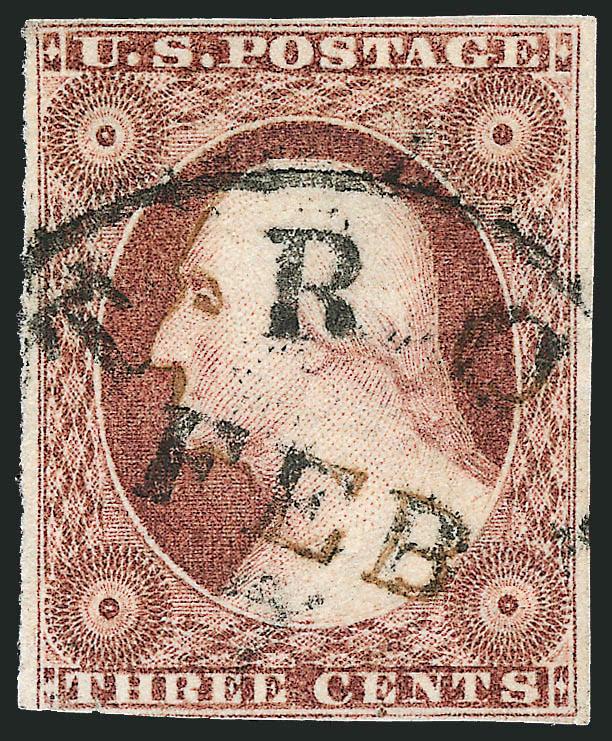 3c Plum, Ty. II (11A var).> Position 74R3, large margins to barely in, deep rich color, bold strike of circular datestamp, tiny corner crease at bottom left, Fine appearing example of this rare shade, for some
reason the newly expanded Scott Catalogu