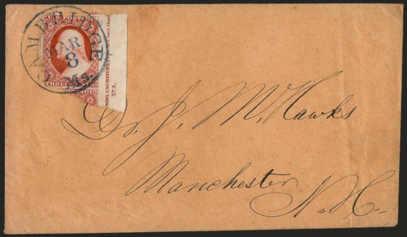 3c Brownish Carmine, Ty. II (11A).> Position 50R3, shade described by Dr., Amonette on back as Pale Br. Carmine huge margins to in incl. <part imprint and No. 3> at right, radiant color, tied by <blue> Cambridge
Ms. Mar. 8 circular datestamp on