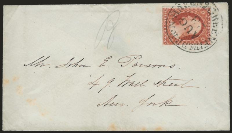 3c Yellowish Rose Red, Ty. I (11 var).> Position 6R8, tied by well-struck <N. Haven & Greenfield R.R. Aug. 23> circular datestamp on cover to New York, fresh and Very Fine example of this scarce shade
