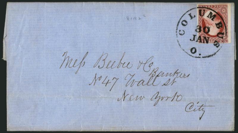 3c Claret, Ty. II (11A).> Position 81R2L, large margins incl. <left sheet margin,> beautiful 1852 Claret shade, fine impression, tied by bold Columbus O. 30 Jan. circular datestamp on blue 1852 folded letter to
New York City, Extremely Fine Gem sta