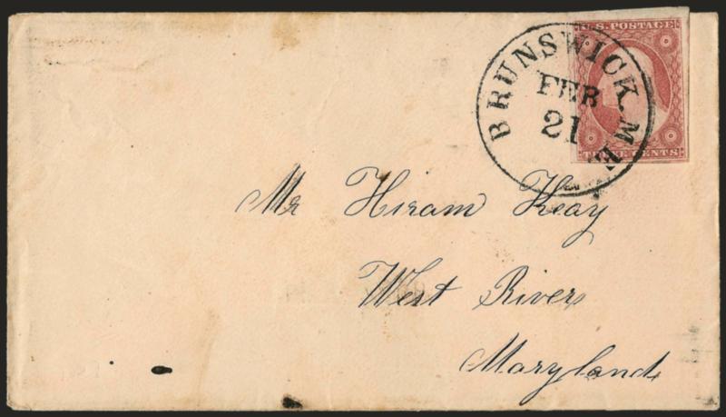 3c Purple Claret, Ty. I (11 var).> Position 1L4, huge margins incl. part of adjoining stamps at bottom and right and <sheet margin at top,> distinct color, tied by perfect strike of Brunswick Me. Feb. 21
circular datestamp on cover to West River Md