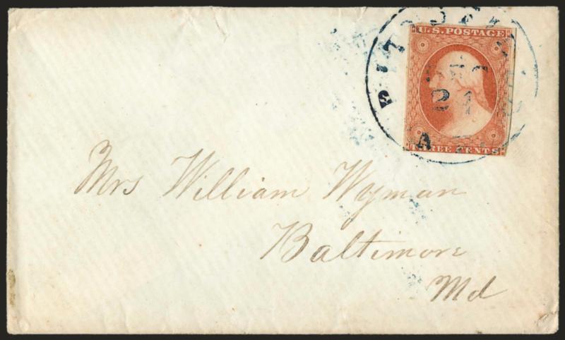 3c Dull Red, Ty. II, Major Plate Crack (11A var).> Position 84L5, two covers each with single, distinctly different shades, one tied by large Paid grid, red Boston Mass. 29 Dec. circular datestamp to Worcester
Mass., other tied by blue Pittsfiel