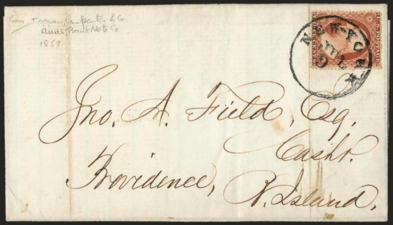 3c Dull Red, Ty. II, III (11A, 26).> Two covers, each bearing single tied by New York circular datestamp, interesting part if that both are <from Toppan, Carpenter & Co.,> first sent in 1853 from Toppan,
Carpenter, Casilier & Co., other sent in 1859