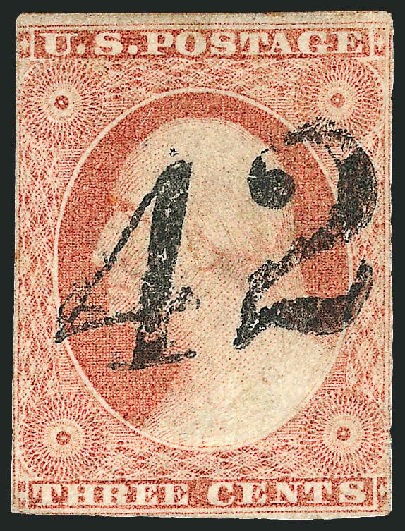 3c Dull Red, Ty. II (11A).> Large margins to just in, cancelled solely by <42 numeral handstamp,> some ms. offset on back barely shows thru, Very Fine, highly unusual cancelled solely by the numeral
cancel