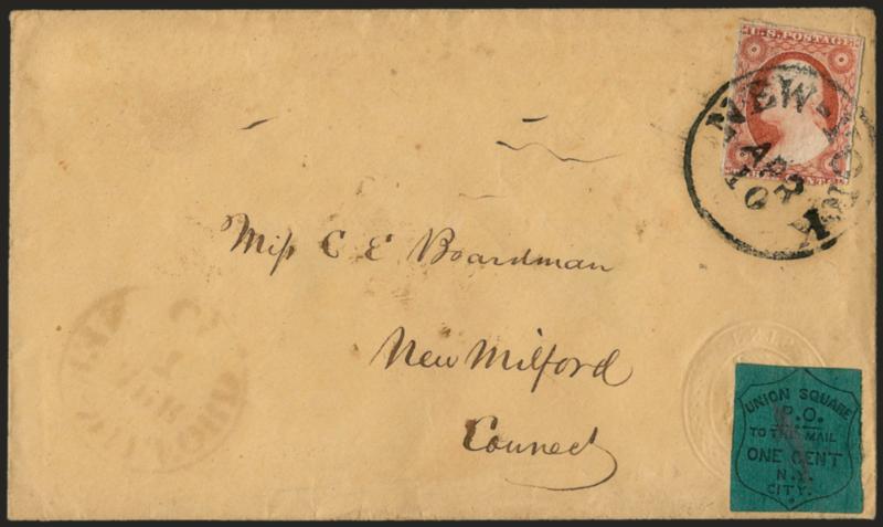 3c Dull Red, Ty. II (11A).> Tied by New-York Apr. 10 circular datestamp and <used with Union Square Post Office, New York N.Y., 1c Black on Dark Green (141L1),> cancelled by pencil, on <turned entire> to New
Milford Conn., inside is 3c Red on Buff