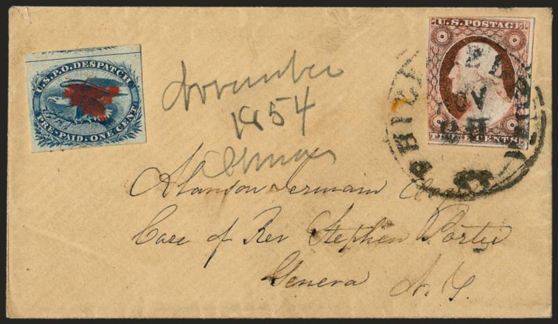 1c Blue, Eagle Carrier (LO2).> Cancelled by red star, <used with 3c Dull Red, Ty. II (11A),> large margins to in, tied by Philadelphia Pa. Nov. 2? circular datestamp on cover to Geneva N.Y., 1854 docketing, Very
Fine